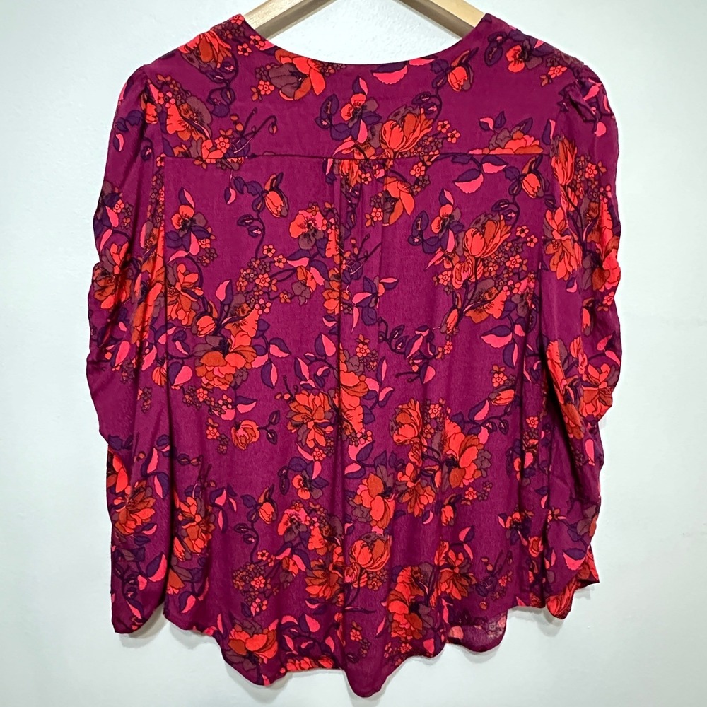 Maeve Anthropologie Fall Floral Blouse Womens Large Magenta Ruched Sleeve Top - Picture 11 of 11
